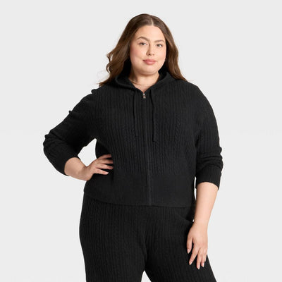 Open Box - Women's Cozy Zip-Up Hoodie Cardigan Sweater - Universal Thread™ Black XXL
