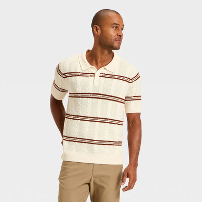 Open Box - Men's Striped Short Sleeve Cable Sweater - Goodfellow & Co™ Cream XXL