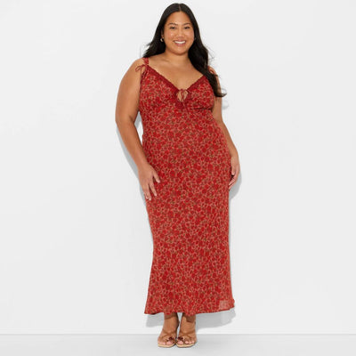 New - Women's Lace Trim Maxi Empire Waist Dress - Wild Fable™ Assorted Reds Floral XXL