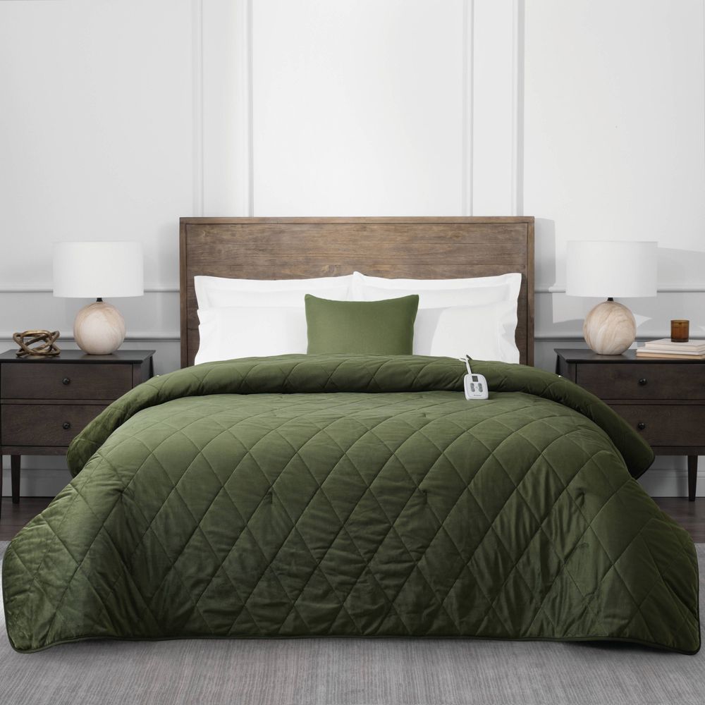 New - Brookstone Twin Heated Diamond Stitch Quilt Blanket Olive Green