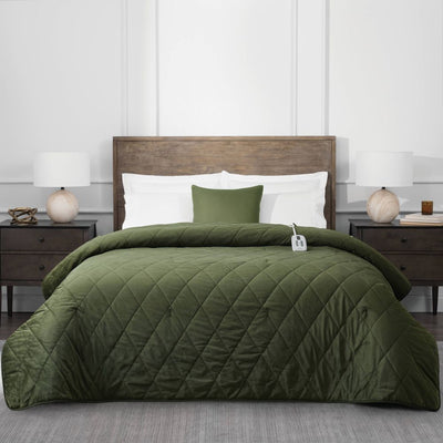 New - Brookstone Twin Heated Diamond Stitch Quilt Blanket Olive Green