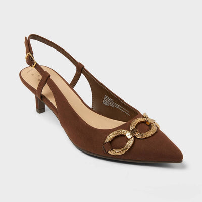 New - Women's Tabitha Oversized Chain Sling Back Heels with Memory Foam Insole - A New Day™ Brown 7: Pointed Toe, Louis Heel, Buckle Closure