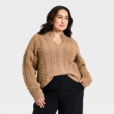New - Women's Long Sleeve Split Neck Cable Pullover Sweater - A New Day™ Brown 1X