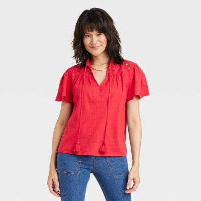 New - Women's Short Sleeve V-Neck Woven Eyelet Top - Knox Rose Knox RoseBullseye Deals