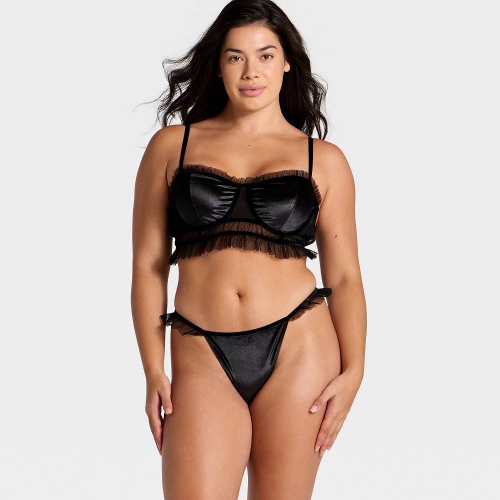 New - Women's Velvet & Mesh Pleated Lingerie Set - Auden™ Black M