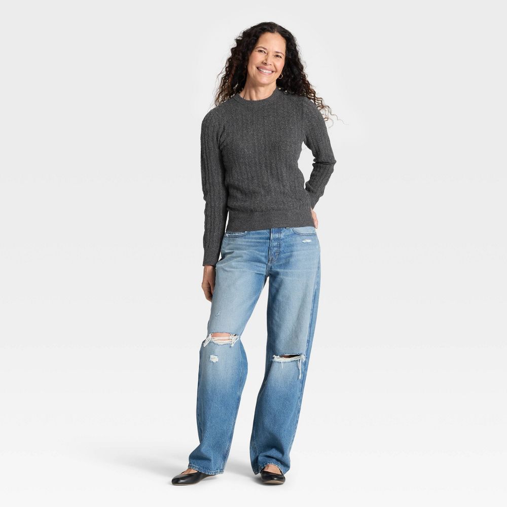 New - Women's Lace Stitch Crewneck Pullover Sweater - Universal Thread™ Gray S
