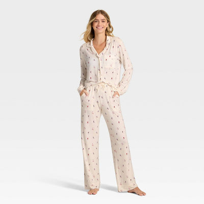 New - Women's Cloud Knit Modal Long Sleeve Notch Collar Top and Pants Pajama Set - Auden™ Cream Skiers XXL