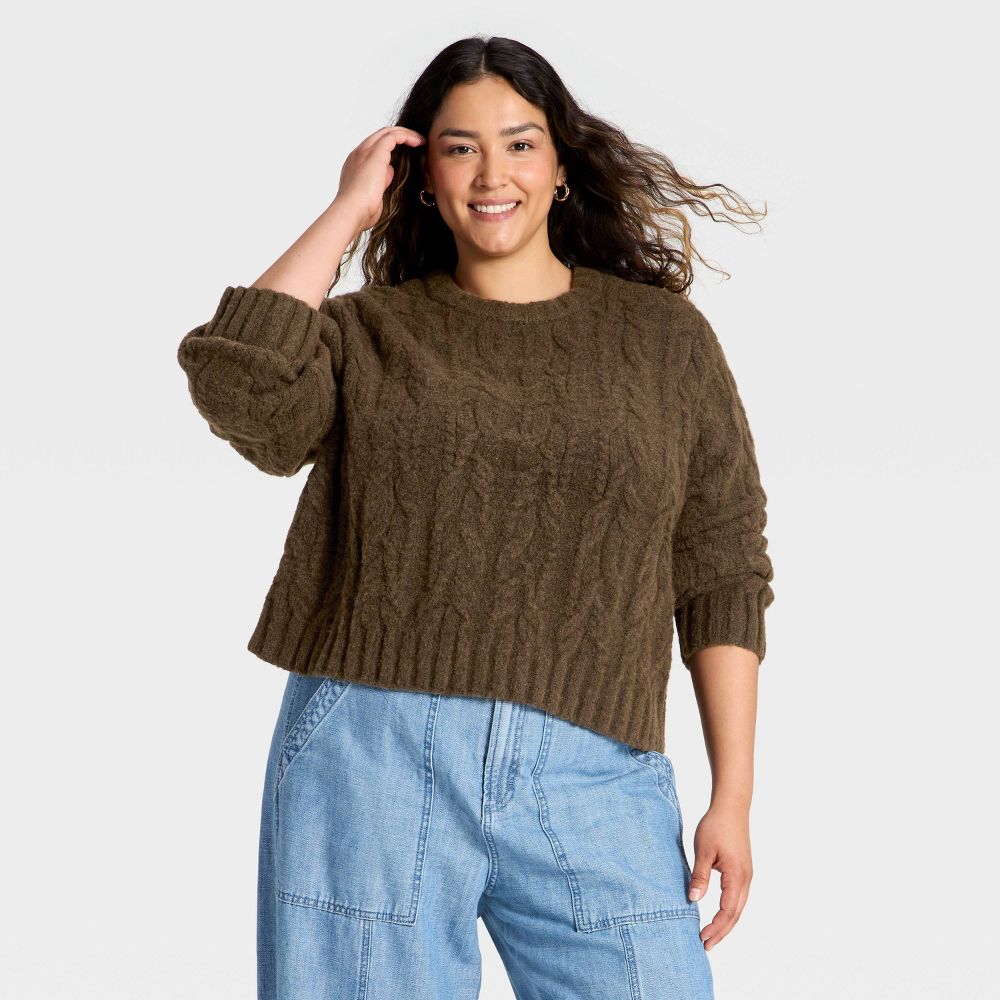 Open Box - Women's Cozy Cable Crewneck Pullover Sweater - Universal Thread™ Brown 2X