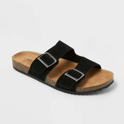 New - Men's Saul Suede Two Band Sandals - Goodfellow & Co™ Black 11: Slip On, Contoured Footbed, Open Toe, Flexible Outsole