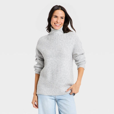 New - Women's Long Sleeve Textured Mock Turtleneck Pullover Sweater - Universal Thread™ Light Gray S