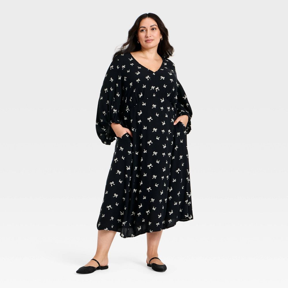 Open Box - Women's Bishop Long Sleeve Midi A-Line Dress - Ava & Viv™ Black/Cream Bow XXL