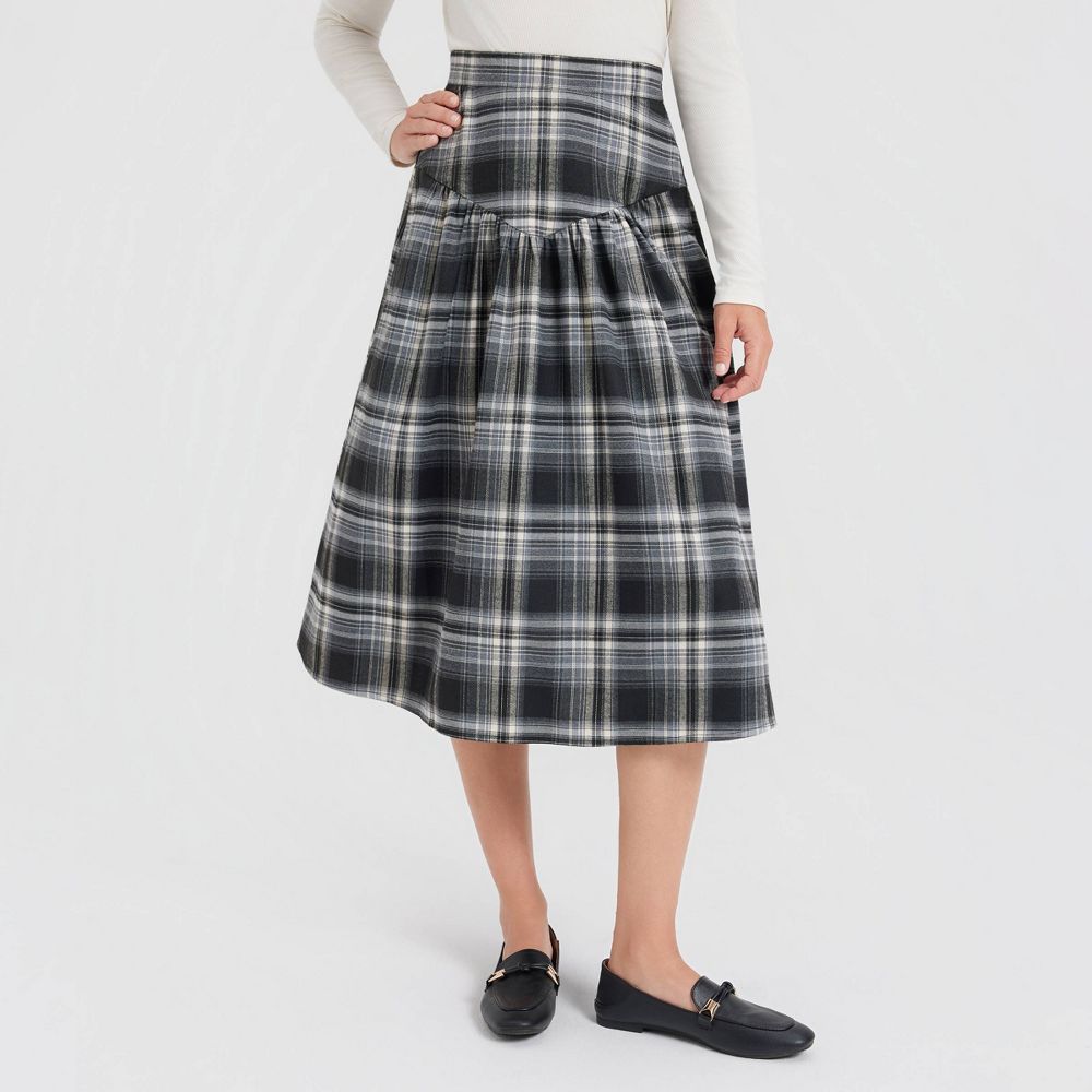 New - Women's Corduroy Dropped Waist Full Skirt - Universal Thread™ Black Plaid S
