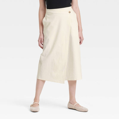 New - Women's Midi Wrap Skirt - Universal Thread™ Cream 2: Mid Rise, Fly Button, Inside Pocket, Machine Washable