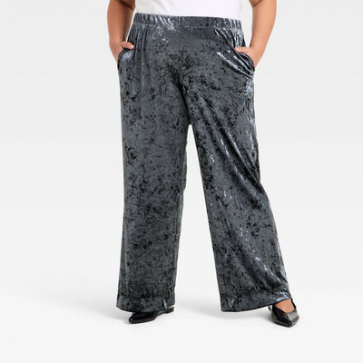 New - Women's Crushed Velour Pull-On Pants - A New Day™ Black XXL