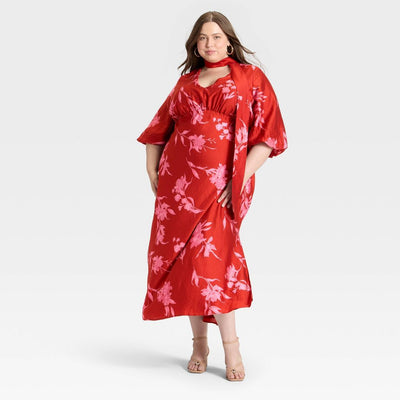 New - Women's Tie Neck Maxi Dress - A New Day™ Red Floral 4X