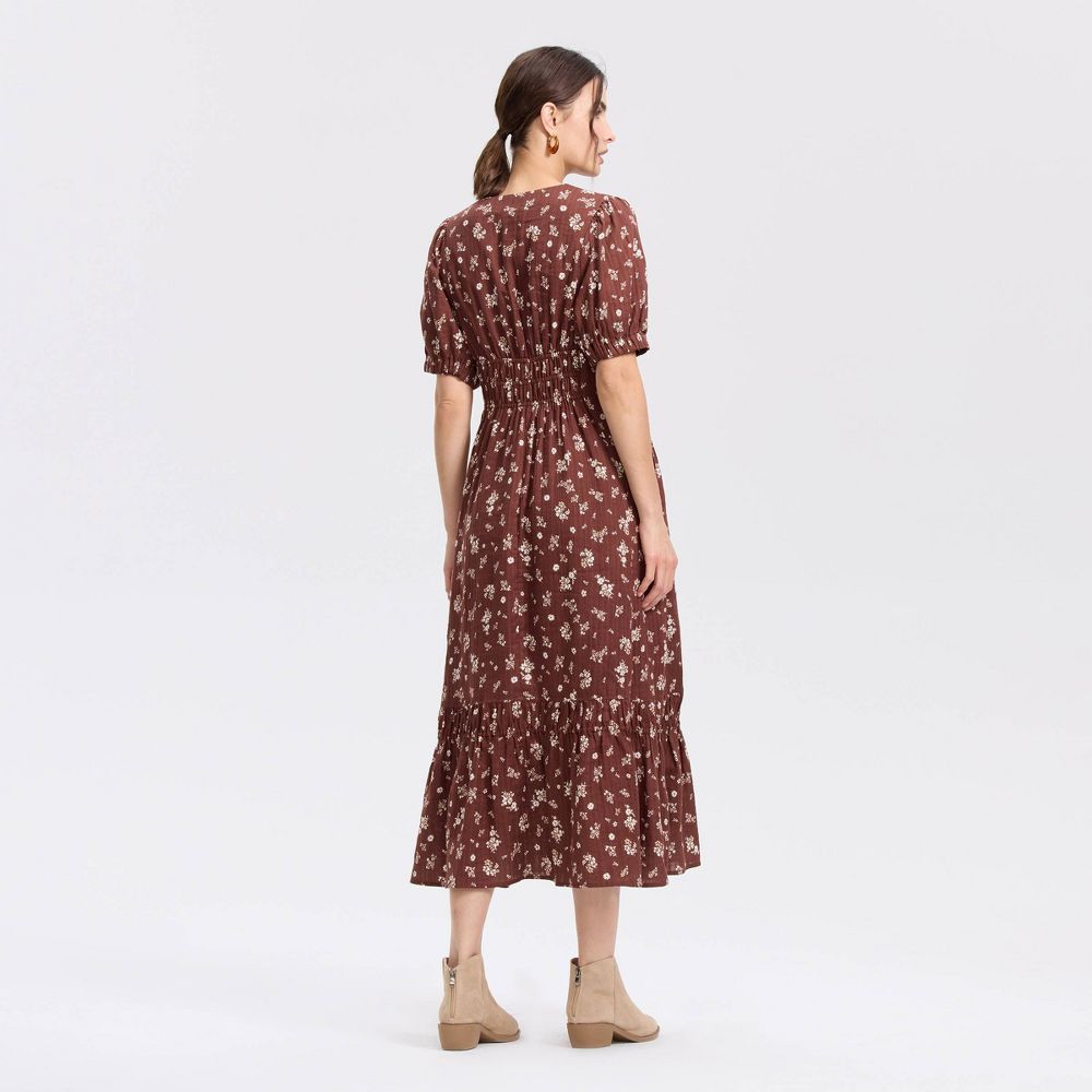 New - Women's Balloon Short Sleeve Maxi A-Line Dress - Universal Thread™ Brown Floral XS
