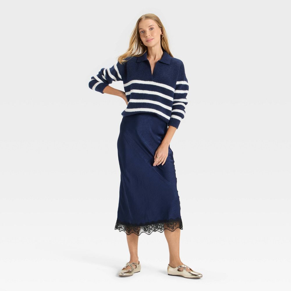 Open Box - Women's Cozy Knit Polo Sweater - A New Day™ Navy Striped S