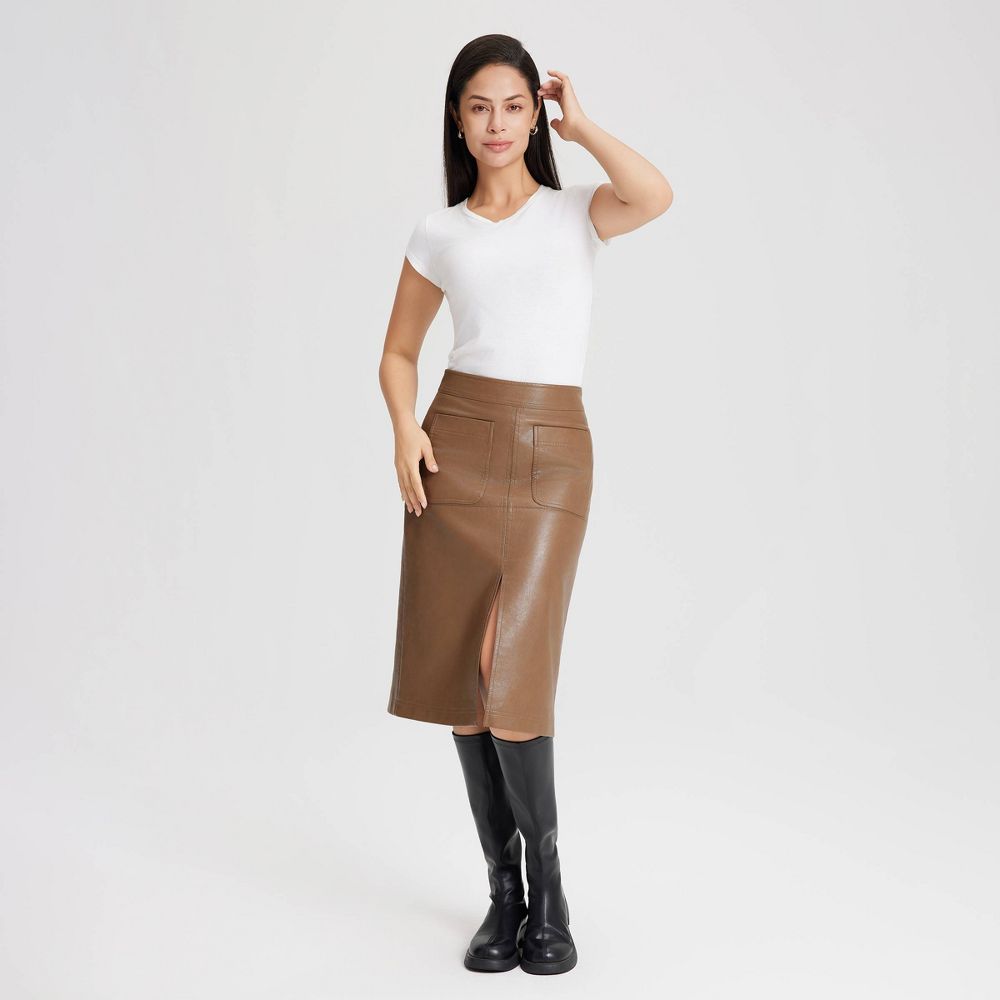New - Women's Faux Leather Midi A-Line Skirt - Universal Thread™ Brown 14