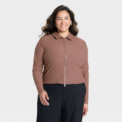 New - Women's Long Sleeve Brushed Ribbed Polo Zip-Up Jacket - A New Day™ Brown XXL