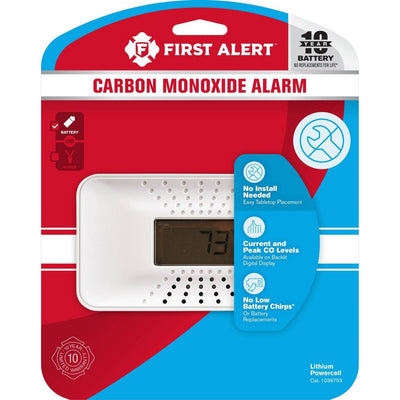 New - First Alert CO710 Carbon Monoxide Detector with Digital Temperature Display: 10-Year Warranty, Lithium Battery, White