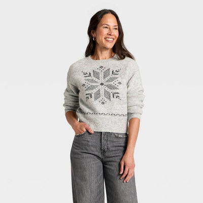 New - Women's Holiday Crewneck Pullover Sweater - Universal Thread™ Gray Snowflakes XS