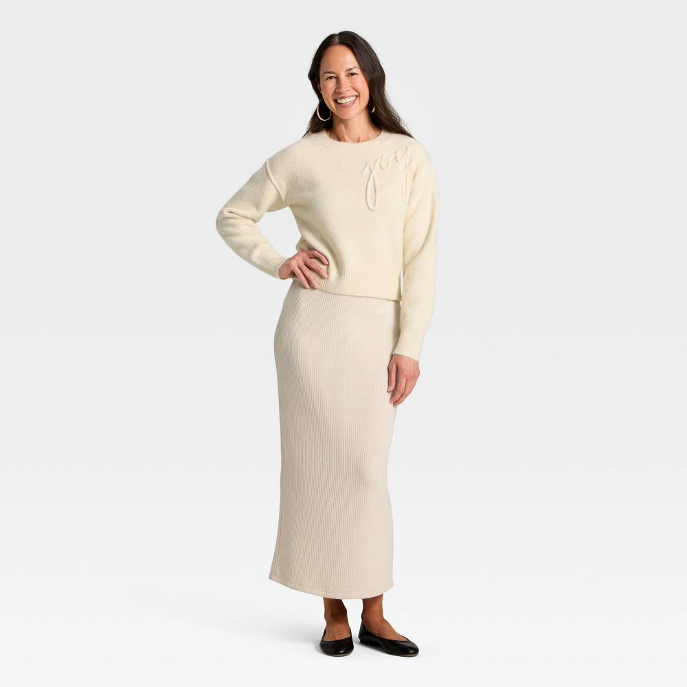 New - Women's Holiday Crewneck Pullover Sweater - Universal Thread™ Cream Letters L