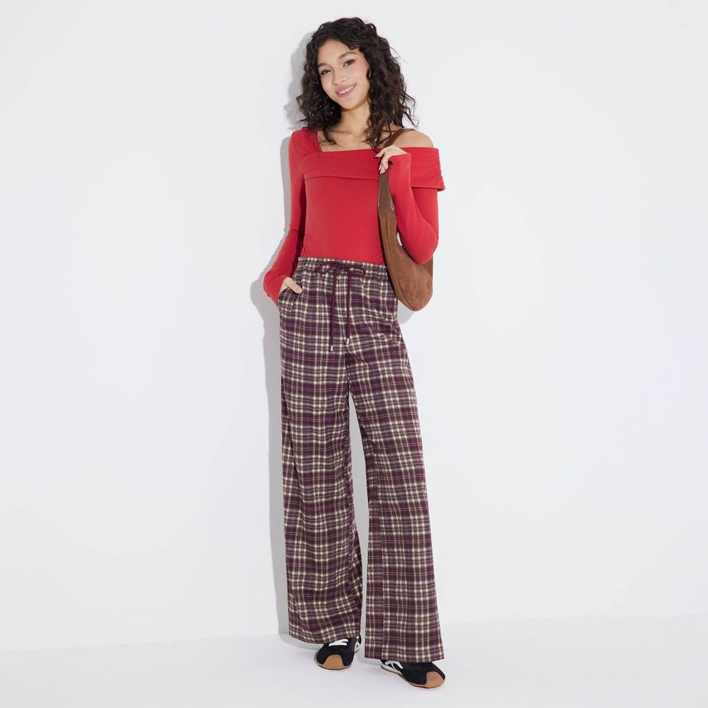 New - Women's Mid-Rise Wide Leg Pull-On Pants - Wild Fable™ Burgundy/Cream Plaid M