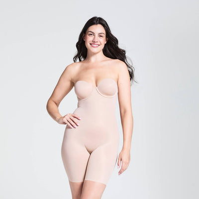 New - ASSETS by SPANX Women's Flawless Finish Strapless Cupped Midthigh Bodysuit - Beige XL: Medium Control Shapewear