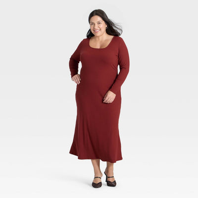 New - Women's Long Sleeve Rib-Knit Maxi Dress - A New Day™ Maroon XXL