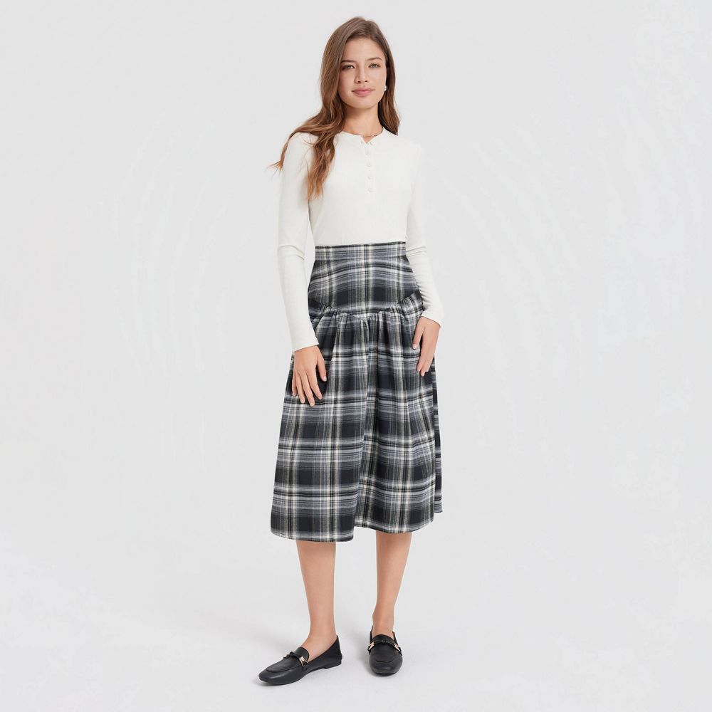 New - Women's Corduroy Dropped Waist Full Skirt - Universal Thread™ Black Plaid S