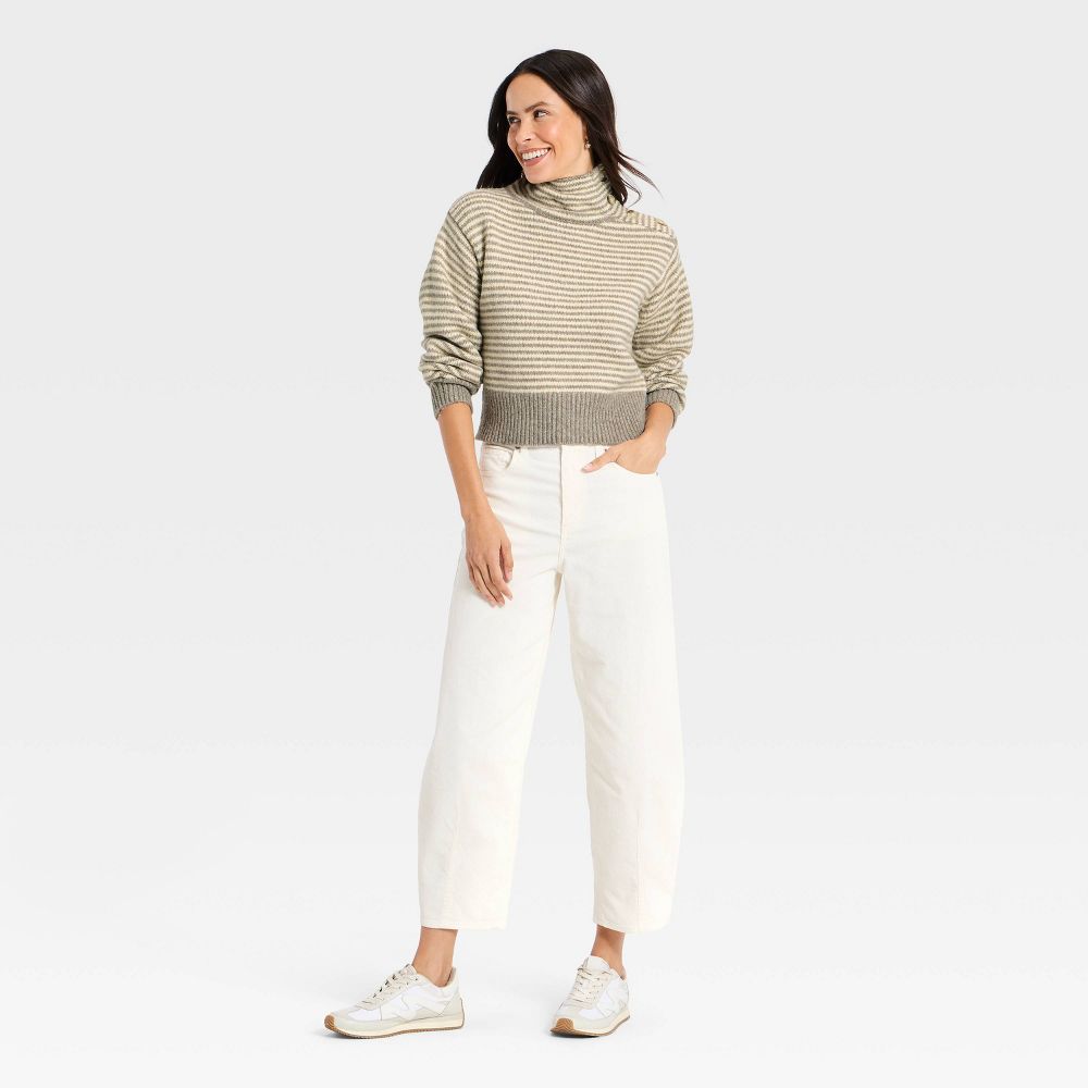 New - Women's Mock Turtleneck Button Pullover Sweater - Universal Thread™ Taupe Striped S