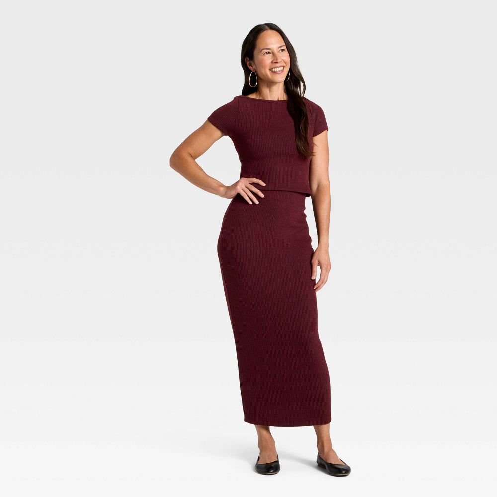 New - Women's Knit Ribbed Maxi Pencil Skirt - Universal Thread™ Burgundy XL