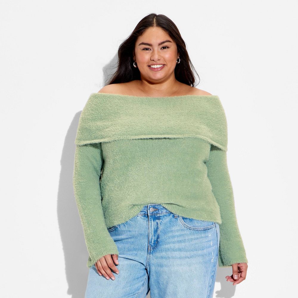 New - Women's Off the Shoulder Pullover Sweater - Wild Fable™ Sage Green XXL