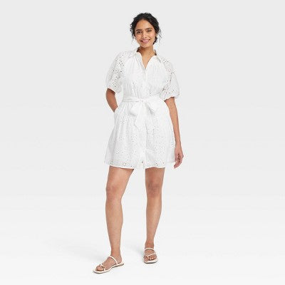 New - A New Day Women's Eyelet Ballon Short Sleeve Mini Summer Shirt Dress A New DayBullseye Deals
