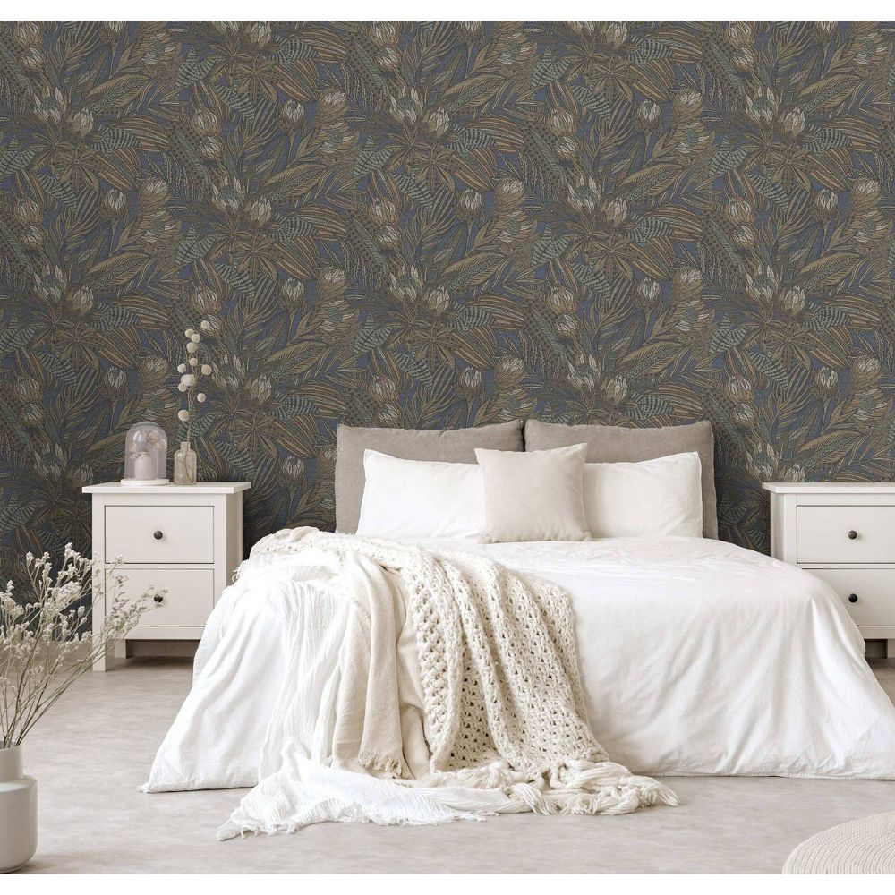New - Holden Susara Tropical Navy Eco-Foam Wallpaper: Non-Pasted, Bohemian Floral, Strippable, Washable, Textured, 56 Sq Ft Coverage