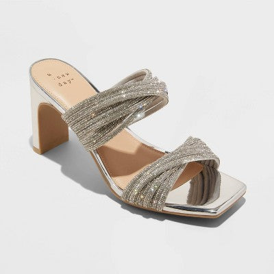 New - A New Day Women's Chunky Block High Heels Sandals Strappy Wide Width Rhinestones A New DayBullseye Deals