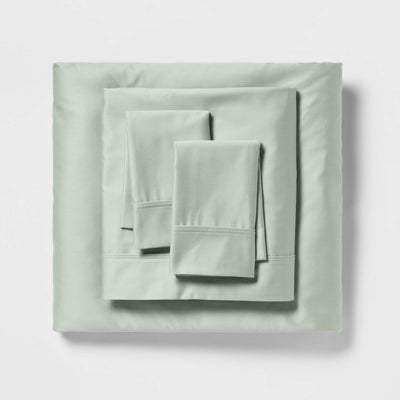 Open Box - Full Solid Performance 400 Thread Count Sheet Set Silver Green - Threshold™: Cotton Sateen, Wrinkle-Resistant, OEKO-TEX Certified