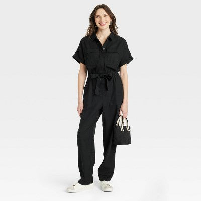 Universal Thread Women's Short Sleeve Linen Boilersuit Casual Jumpsuit Universal ThreadBullseye Deals