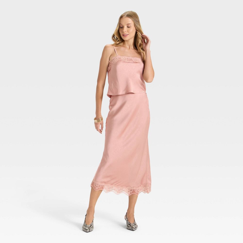 New - Women's Lace Trim Midi Skirt - A New Day™ Light Pink S