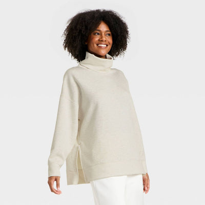Open Box - Women's Airy Sleek Funnel Neck Sweatshirt - All In Motion™ Heather Cream S