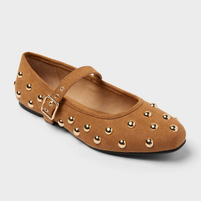 New - Women's Penny Gold Studded Mary Jane Flats with Memory Foam Insole - Universal Thread™ Cognac 6