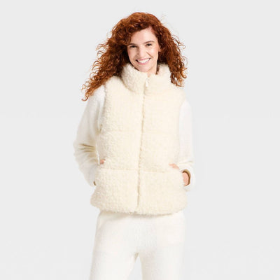 New - Women's Cozy Alpine Faux Shearling Puffer Vest - Universal Thread™ Cream XS