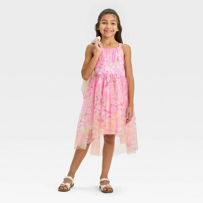 New - ZENZI Girls' High-Low Mesh Midi Dress Sleeveless Shirred Bodice ZENZIBullseye Deals