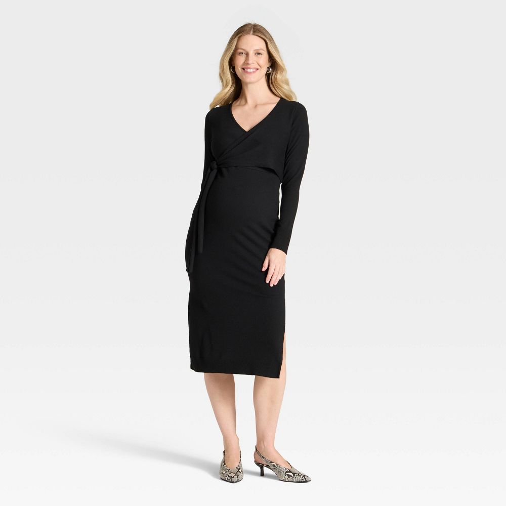 Open Box - Long Sleeve Wrap Midi Maternity Sweater Dress - Isabel Maternity by Ingrid & Isabel™ Black S