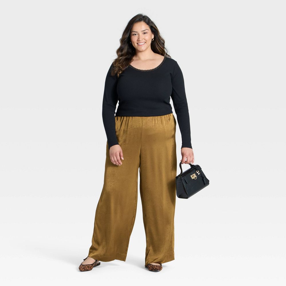 New - Women's Crinkled Satin Pull-On Pants - A New Day™ Brown XXL