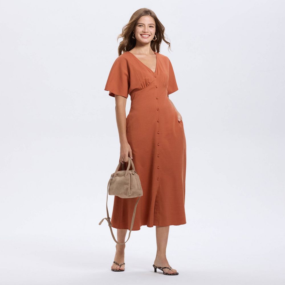 New - Women's Short Sleeve Button-Down Flared Midi A-Line Dress - A New Day™ Baked Clay XS