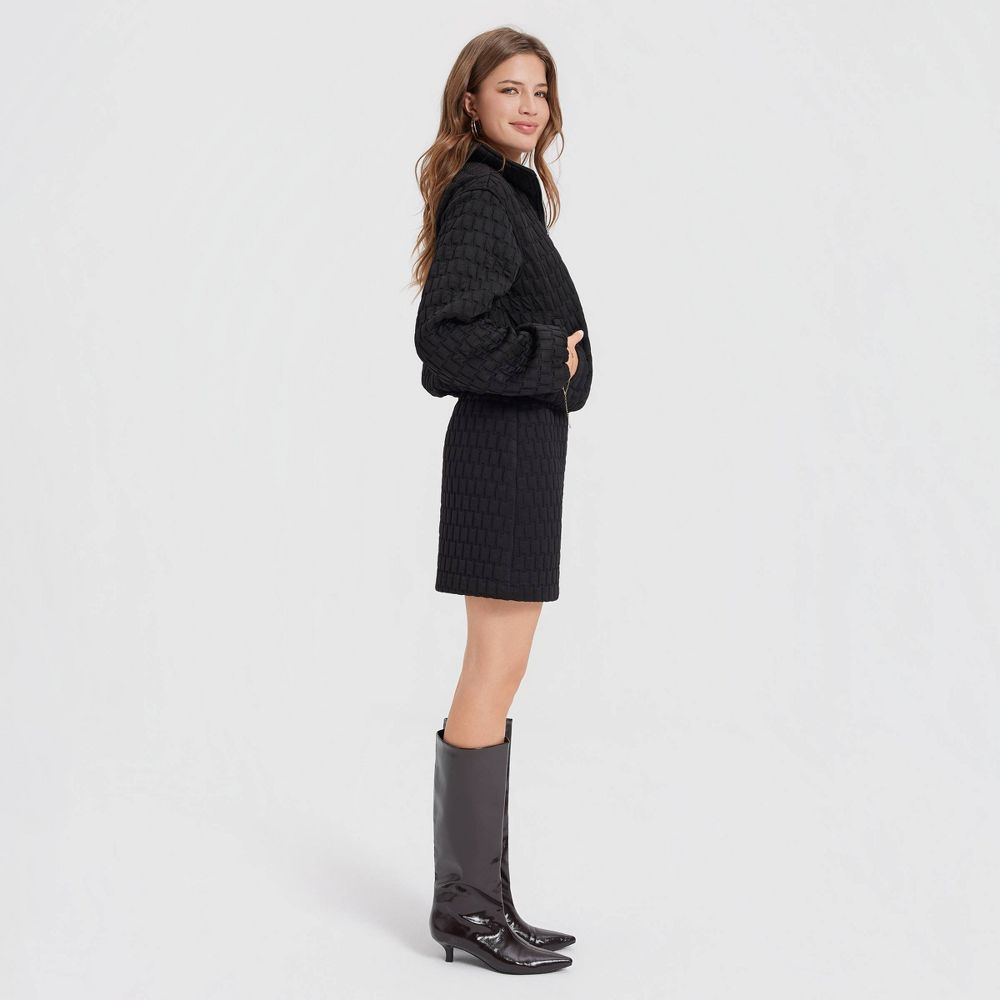 New - Women's Textured Jacquard Funnel-Neck Bomber Jacket - A New Day™ Black Basket Weave L