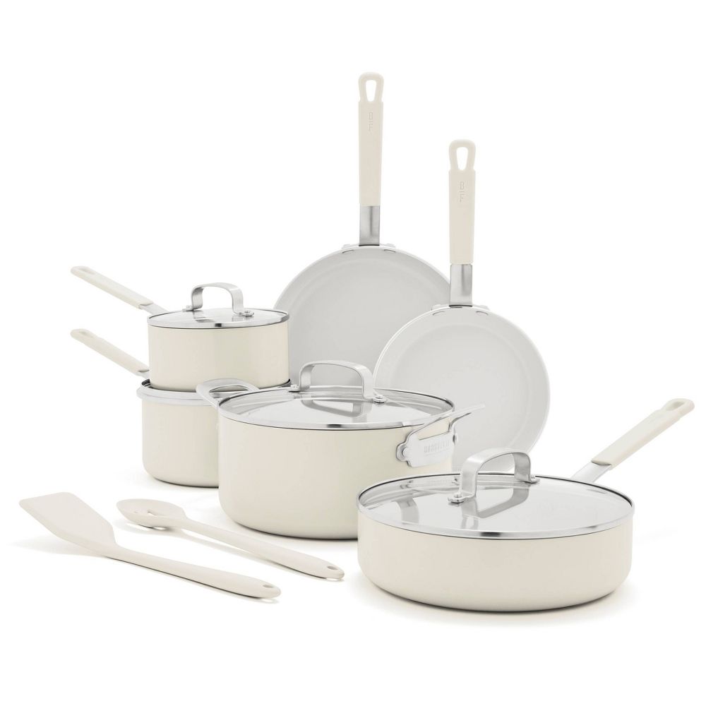 New - Bobby Flay 12pc Ceramic Nonstick Aluminum Cookware Set Cream