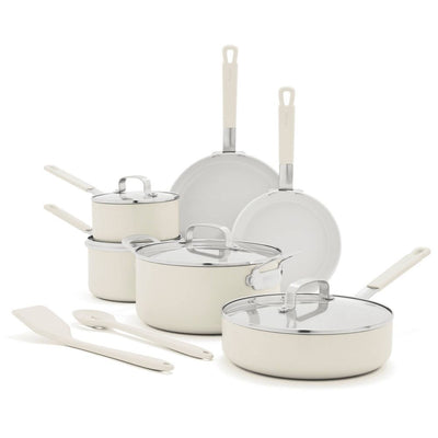 New - Bobby Flay 12pc Ceramic Nonstick Aluminum Cookware Set Cream