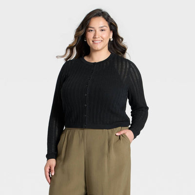 New - Women's Pointelle Cardigan - A New Day™ Black 1X